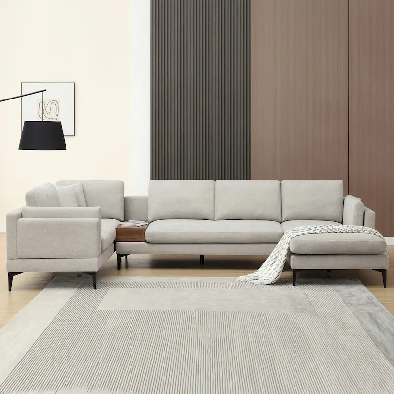 Modular U-shaped Linen Reversible Sofa with a Wooden Side Table Box and Reversible Design