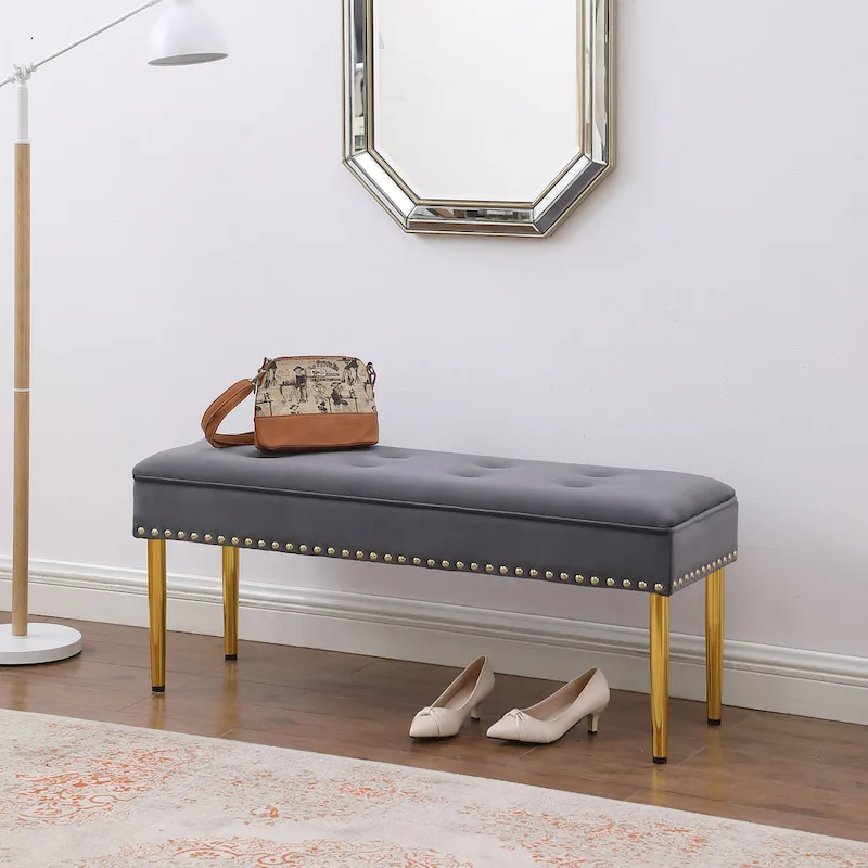 2 in 1 Combination Tufted Velvet Benches Set with Gold Leg and Nailhead Trim
