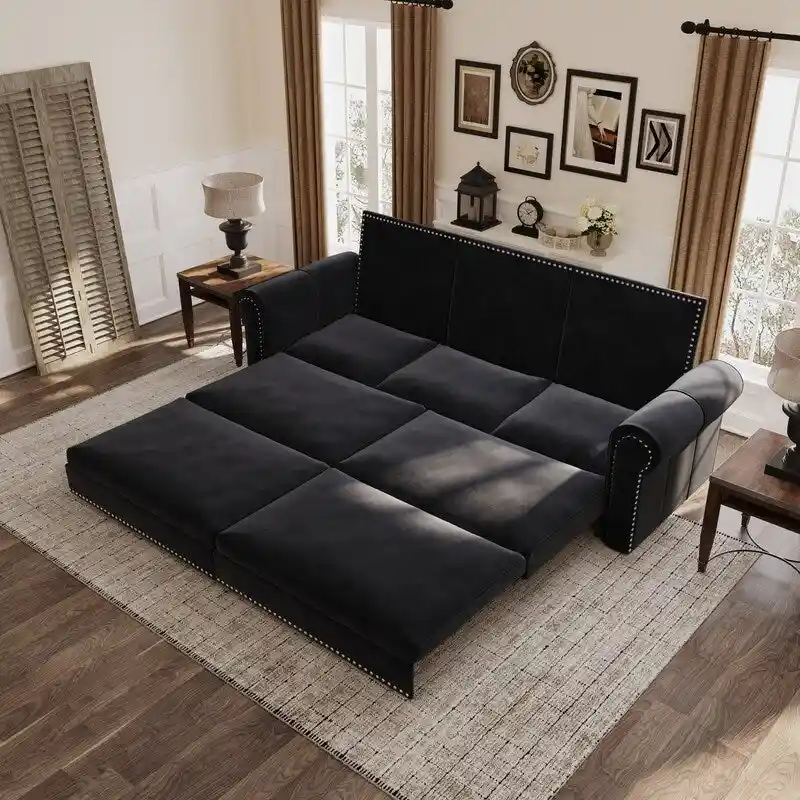 3-in-1 Chesterfield Sofa Bed, King Pull Out Sofa Bed, Velvet/Faux Leather Convertible Sleeper Sofa w/ Nailhead Trim & Rolled Arm