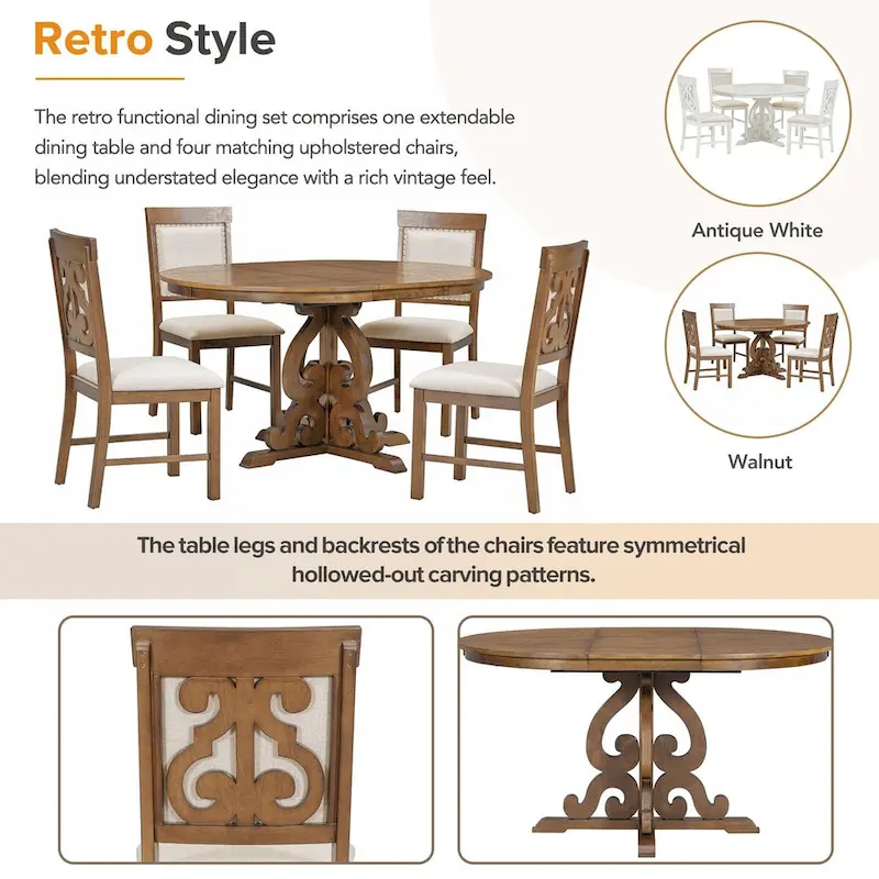 5-Piece Retro Functional Dining Set 1 Extendable Table
