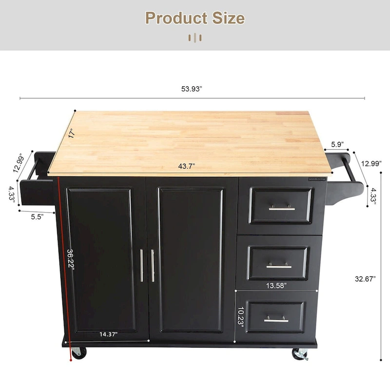 Mobile Kitchen Island & Kitchen Cart,With Extendable Rubber Wood Top and 3 Drawers - 53.93