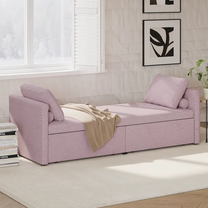 Roomfitters Upholstered Chaise Daybed with 2 Drawers and Pillows, Compact Lounger for Living Room, Linen Fabric