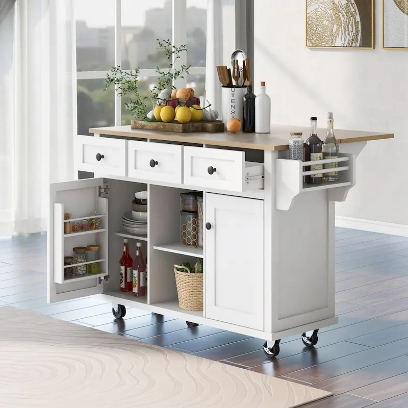 Kitchen Cart with Rubber Wood Drop-Leaf Countertop , Internal Storage Racks