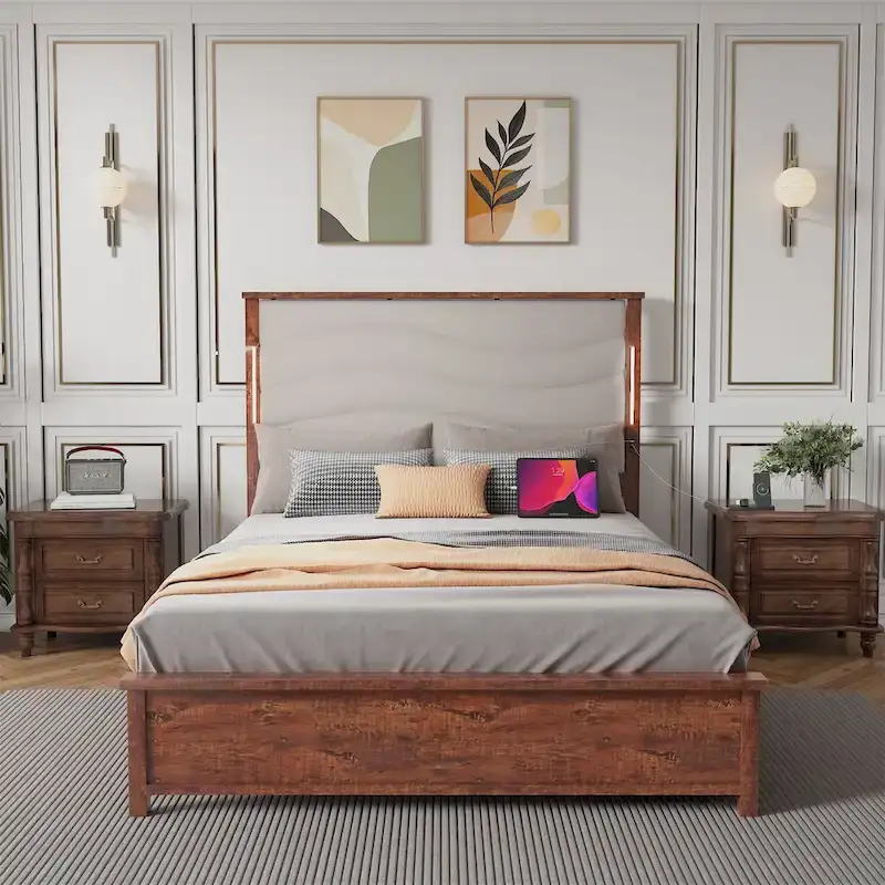 King Size Bed Frame with Upholstered Headboard, Charging Station