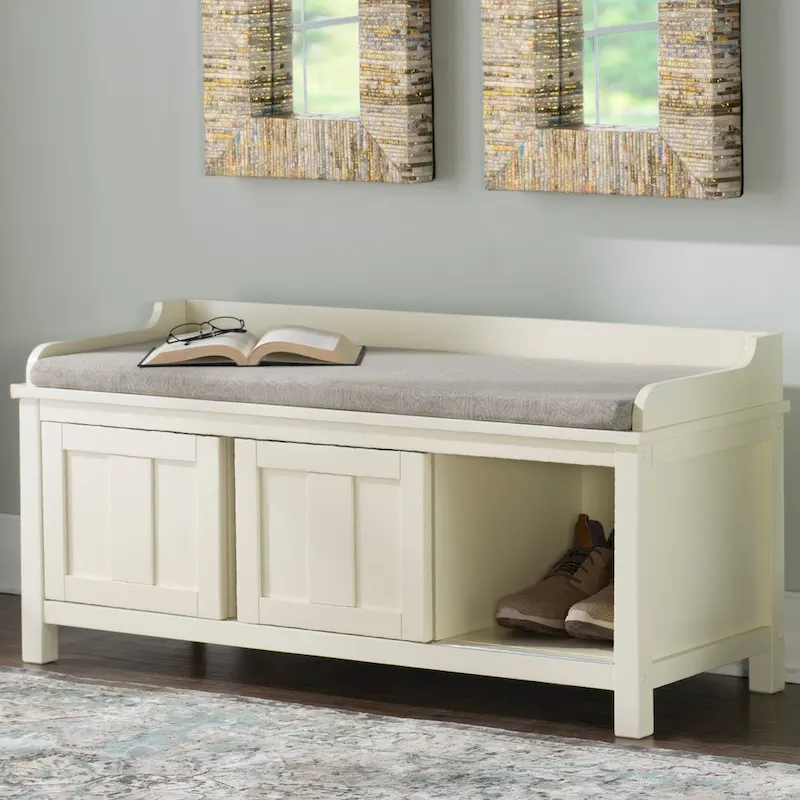Cushioned Storage Bench with Sliding Doors, Wood & Metal, White, Standard, 45"W x 21"H, Seats 1