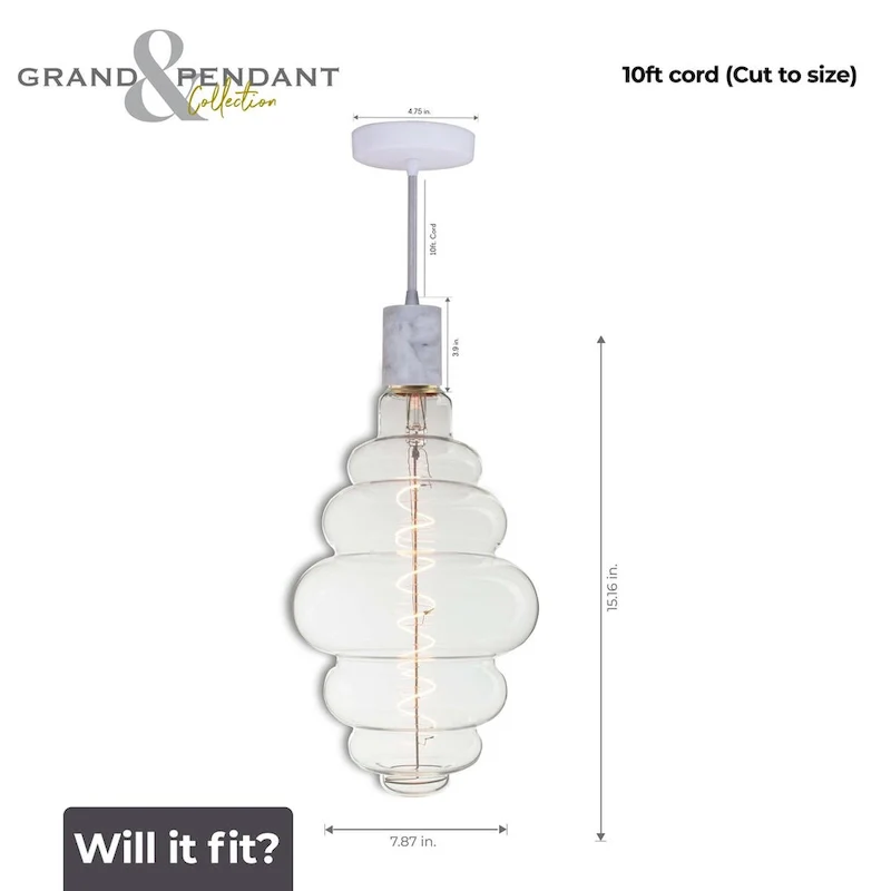 Bulbrite LED Grand Bulb and Pendant Kit of (1) 4 Watt Clear Glass 15  Beehive Shaped Bulb
