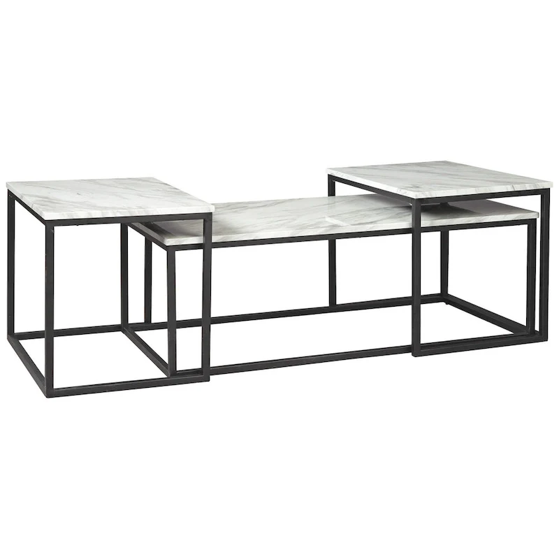 3 Piece Occasional Table, Metal Frame, Marble Top, White and Black
