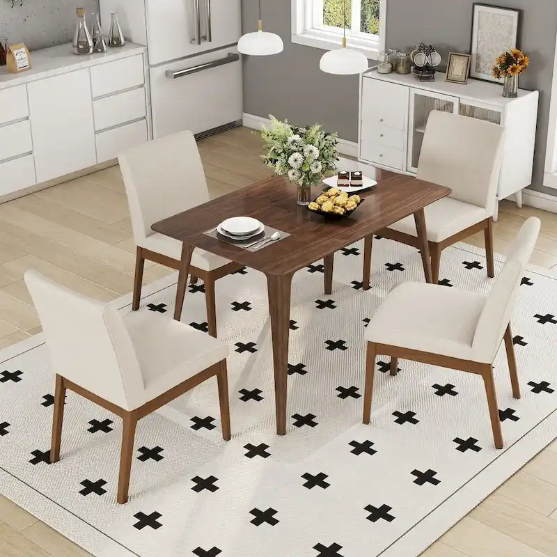 5 Piece Dining Table and Chair Set, Wooden Kitchen Furniture Set with Rectangular Table and 4 Upholstered Chairs