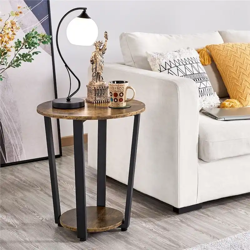 Metal Side Table Round End Table with Storage Rack
