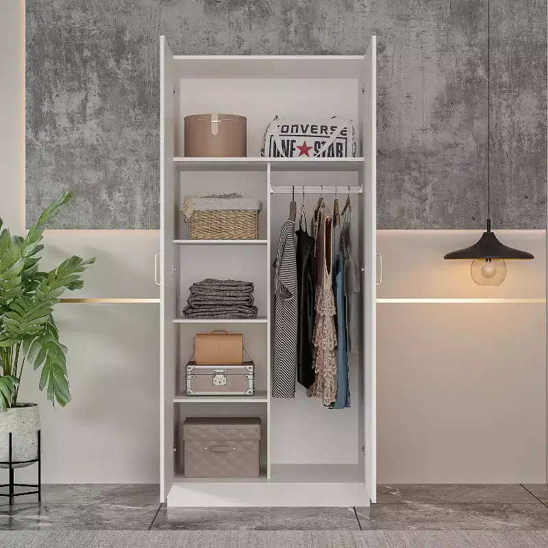 Famapy White Minimalist Double-Door Wardrobe with Hanging Section and Organized Storage