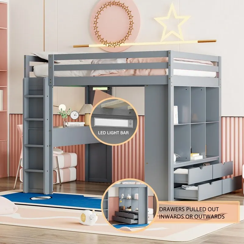 Full Size Wooden Loft Bed with large shelves, writing desk and LED Light