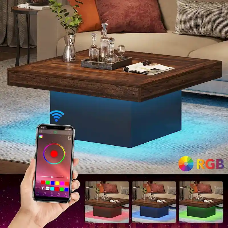 Square Coffee Table with LED Edge Lighting and Open Shelf