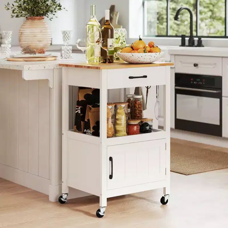 Costway Small Kitchen Island on Wheels Mobile Trolley Cart Barn Door Drawer Hooks