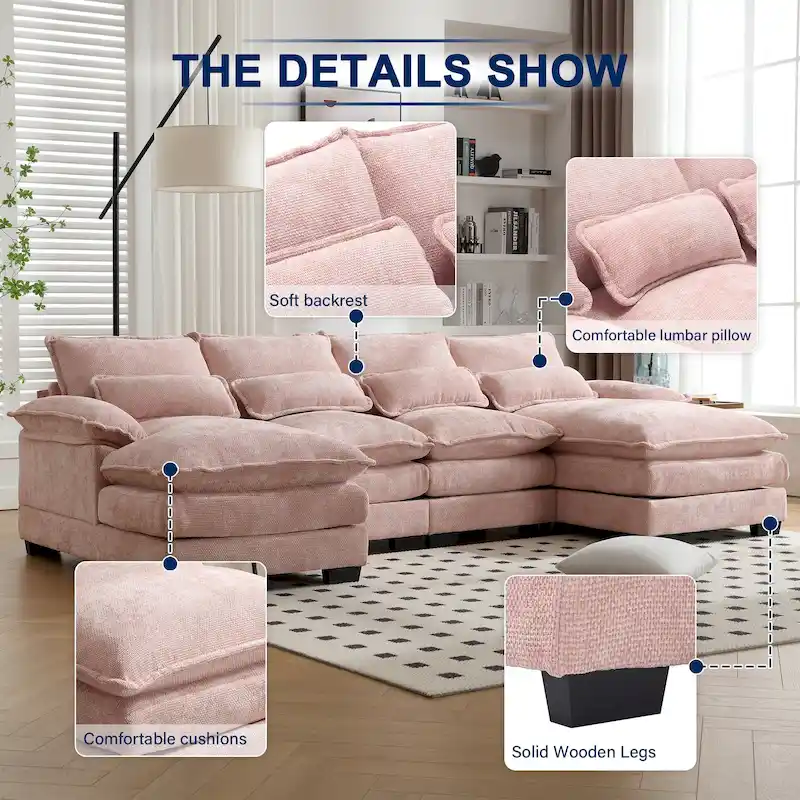 Chenille Upholstered U-Shaped Living Room Sectional Sofa With Wooden Legs