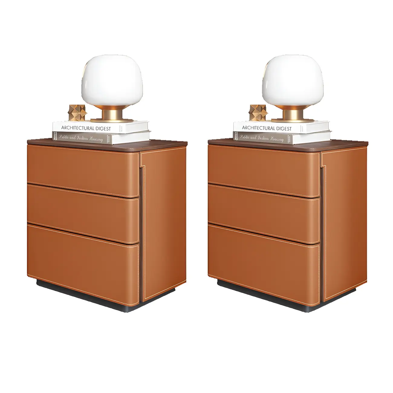 Modern Faux Leather Wood Top Drawers Nightstand
