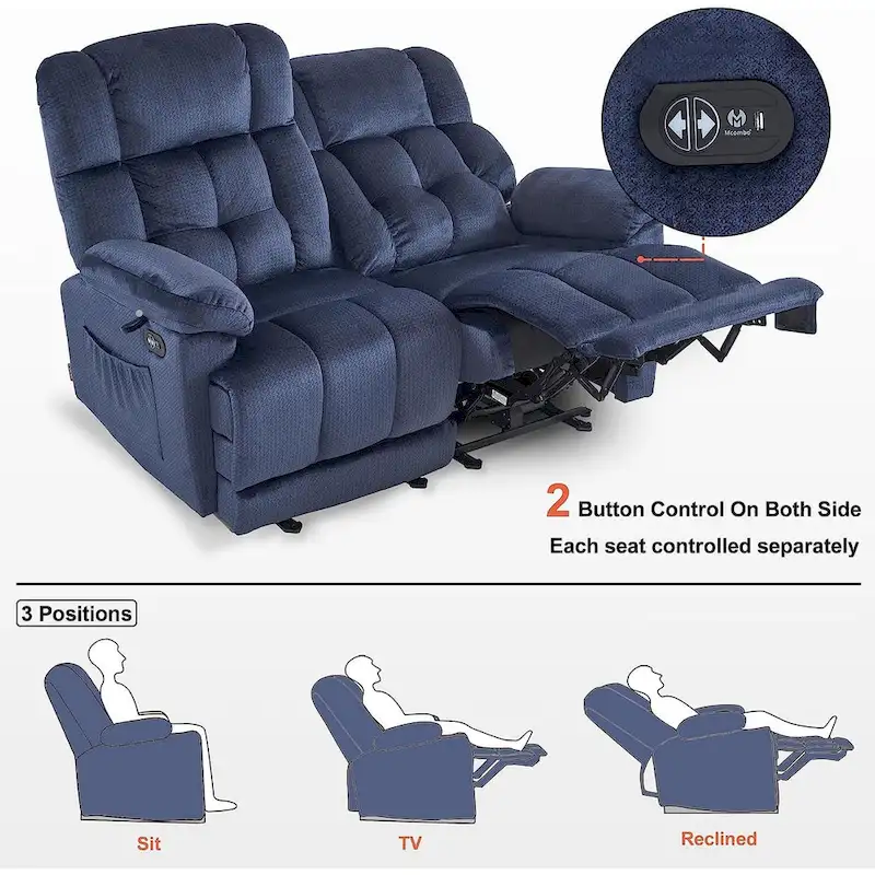 Power Reclining Loveseat, Red/Grey/Beige/Blue/Brown, Heat & Massage, Seats 2