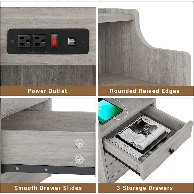 Nightstand 3 Drawers Charging Station End Side Table Bedroom