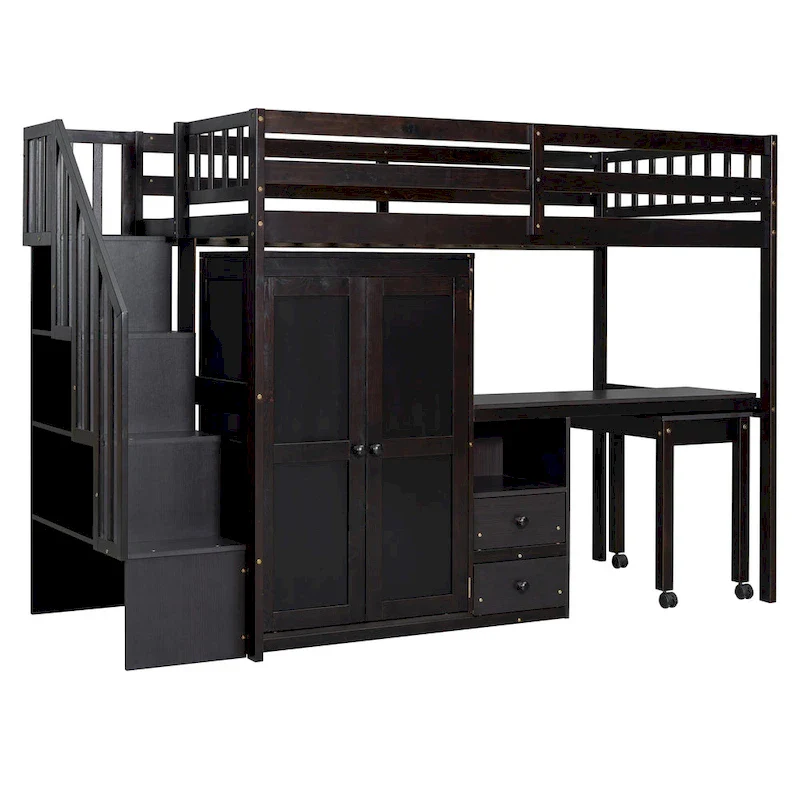 Twin Loft Bed with Staircase & Study Station and 5-in-1 Storage, 300lb Capacity