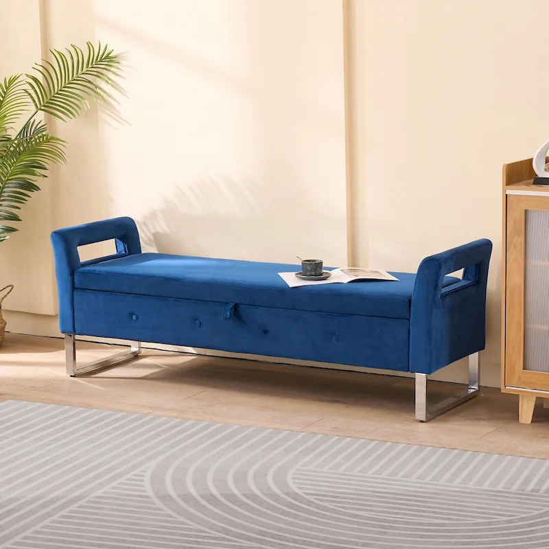 67.91 Velvet Storage Bench with Armrests and Wood Frame for Bedroom