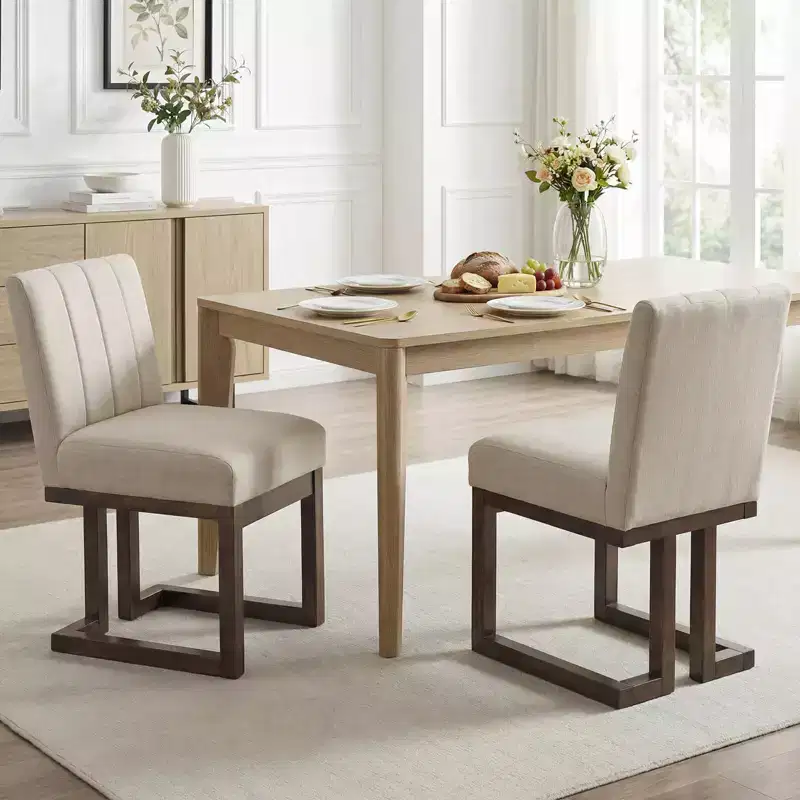 Beige+Gray / Walnut Farmhouse Upholstered Dining Chair, Armless, 2/4 PCS