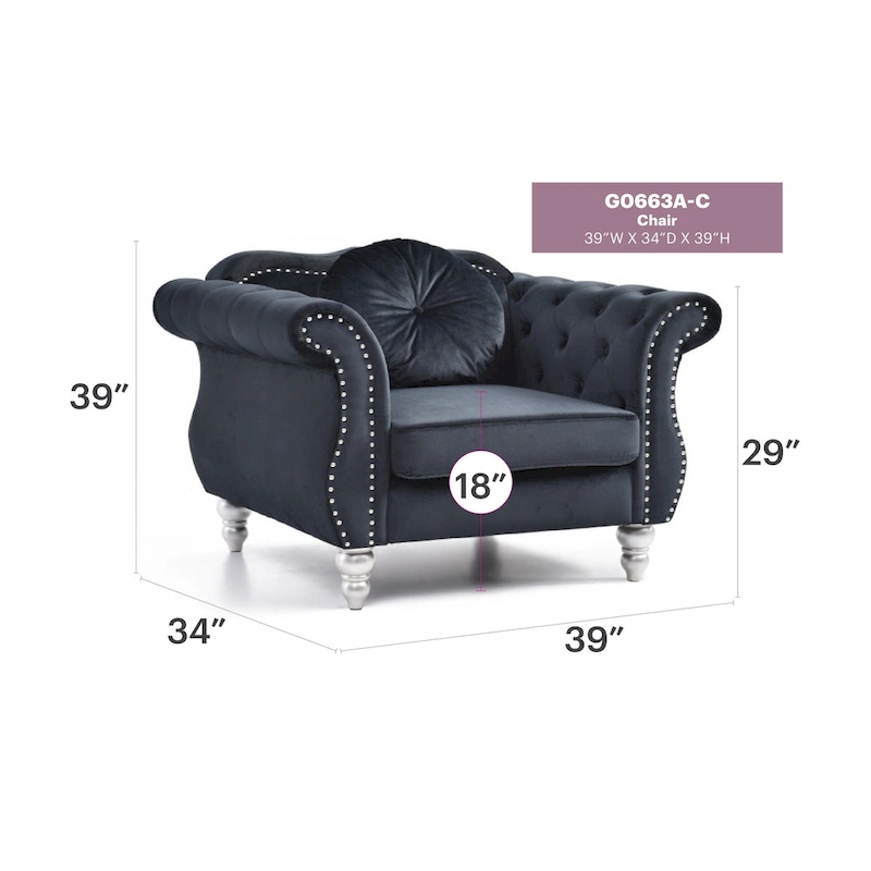 Hollywood Chesterfield Tufted Velvet Accent Chair with Round Throw Pillow - 39L x 35W x 34H