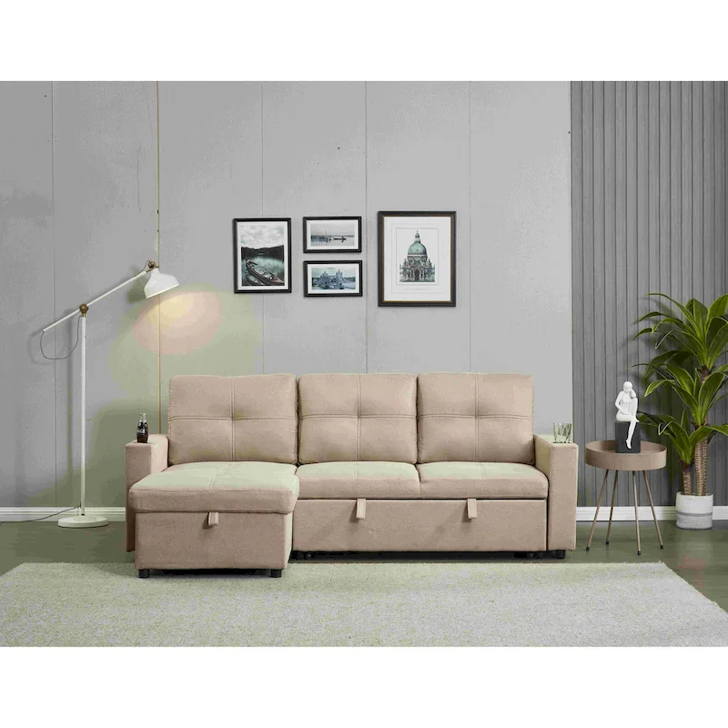 Linen Sectional Sofa Reversible Chaise with Pull out Sleeper