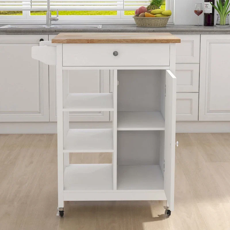 White Rolling Kitchen Island with Towel Rack