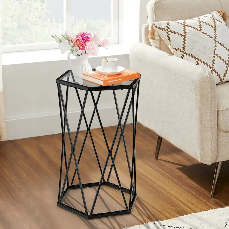 Costway End Table Tempered Glass Top Metal Frame Hexagonal Accent Side - 16x 13.5x 24
