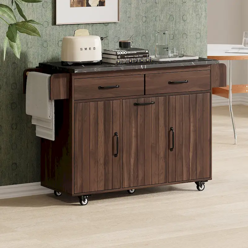 51 in. W Rolling Kitchen Island Cart with Drop Leaf and Tilt-out Trash Can