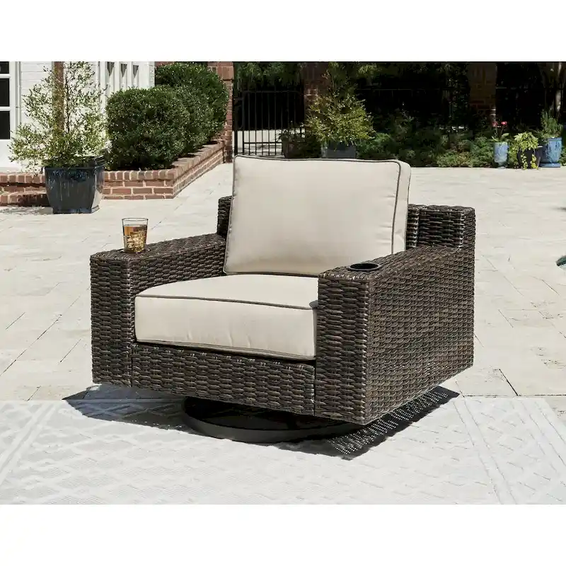 Signature Design by Ashley Coastline Bay Brown Outdoor Swivel Lounge with Cushion - 42.63 W x 36.25 D x 35 H