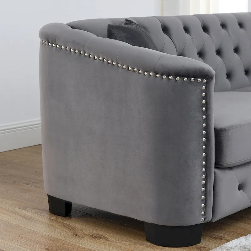 Grey 77 Modern Velvet 3-Seater Sofa with Tufted Backrests and Nailhead Trim
