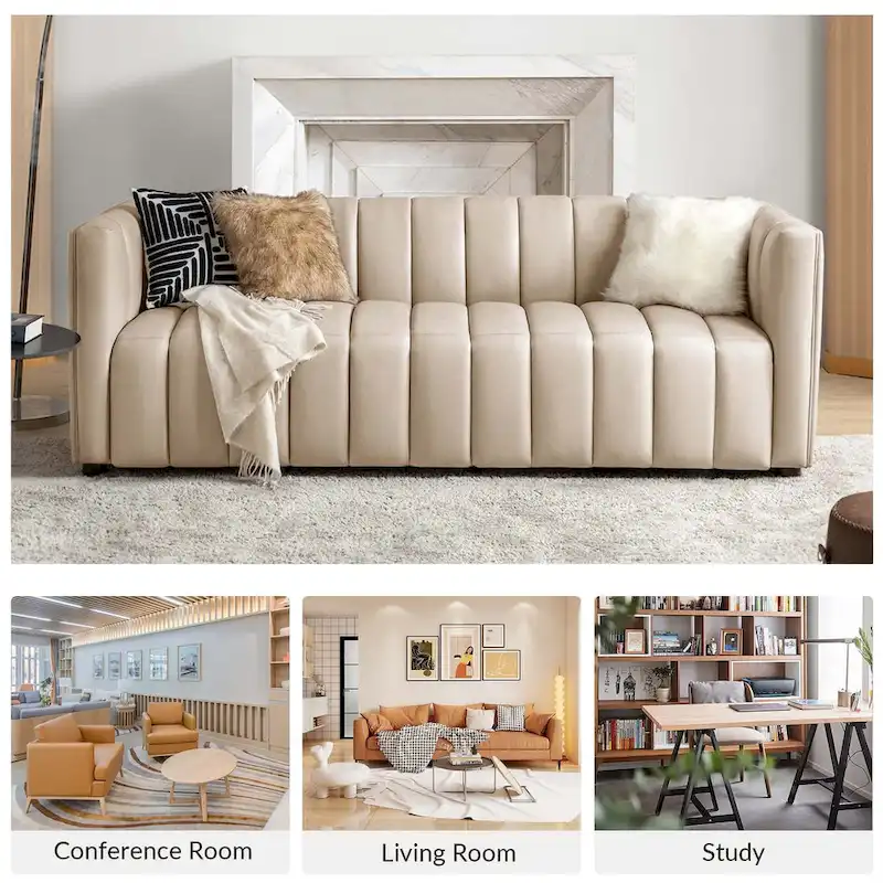 Olinto Modern Camel 83-Inch Genuine Leather Curved Couch with Channel Back by HULALA HOME