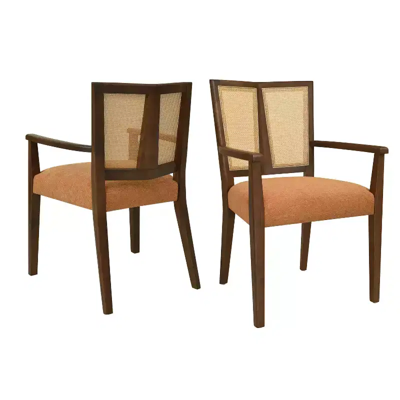 Beige/Dark Brown Upholstered Dining Arm Chairs with Rattan Back, Set of 2