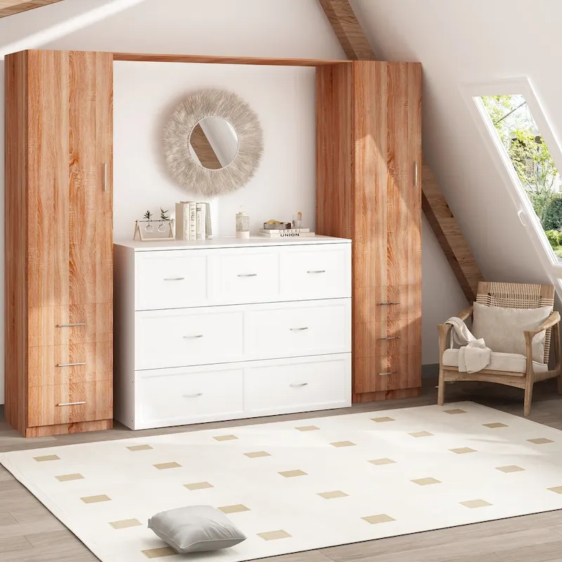 Modern Wood Full Murphy Bed Chest in White Finish Dresser 2-1 Cabinet