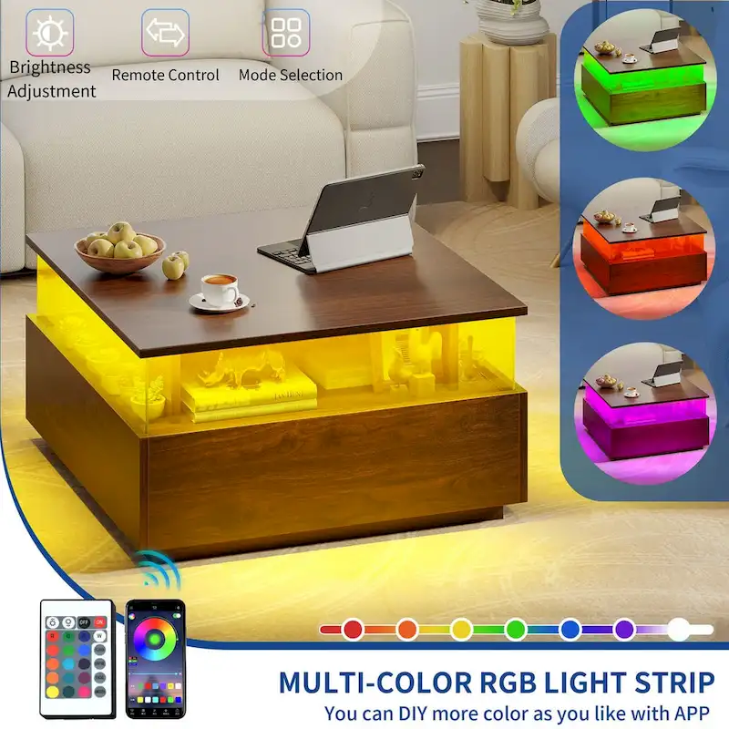 Moasis Modern Square Coffee Table with Drawers & LED Light, Acrylic and Wood Center Table