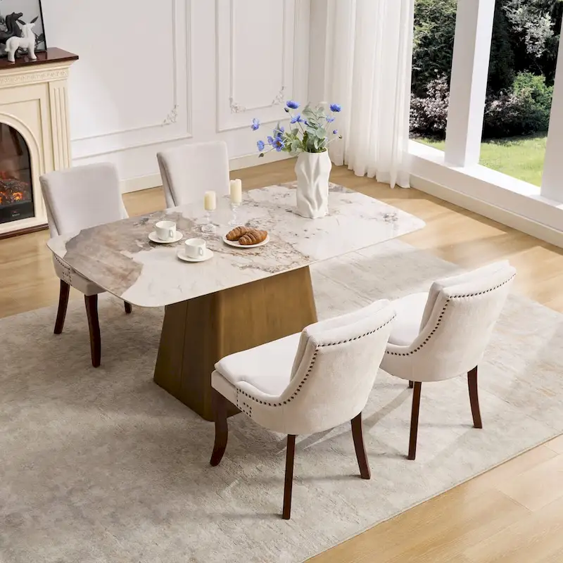 Modern Dining Chairs Set of 2,Chenille Upholstered Dining Chairs,Living Room Accent Leisure Chairs with Curved Solid Wood Legs