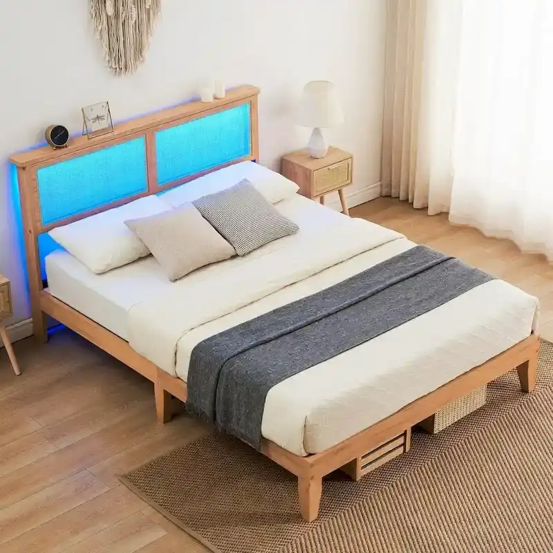 Modern Wooden Platform Bed Frame With Square Natural Rattan Headboard And LED Lights