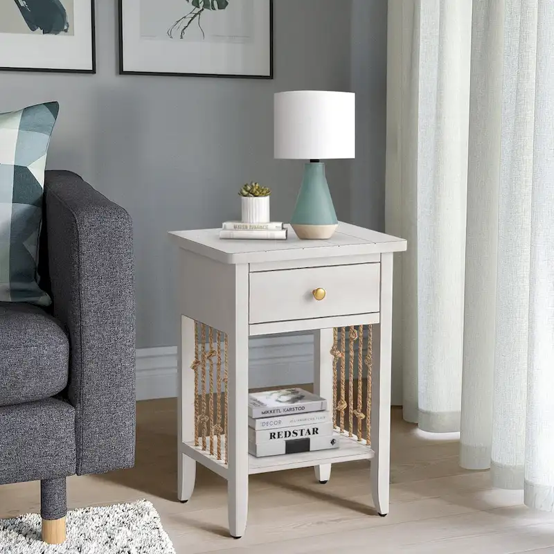 COSIEST Distressed White End Table with Drawer - 14D x 18W x 26.4H
