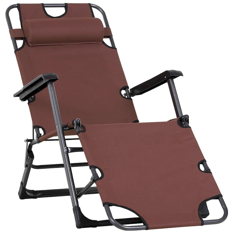 Outsunny 2-in-1 Patio Lounge Chair w/ Pillow, Outdoor Folding Sun Lounger Reclining to 120/180, Oxford Fabric, Brown