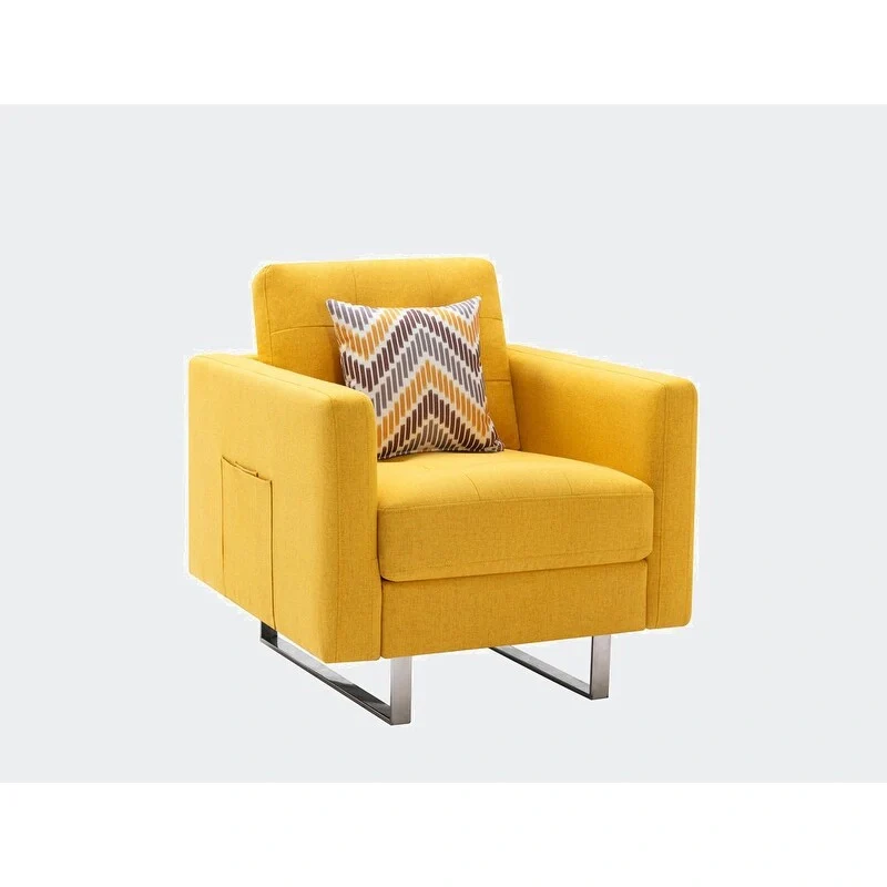 Linen Fabric Armchair with Metal Legs, Side Pockets, and Pillow