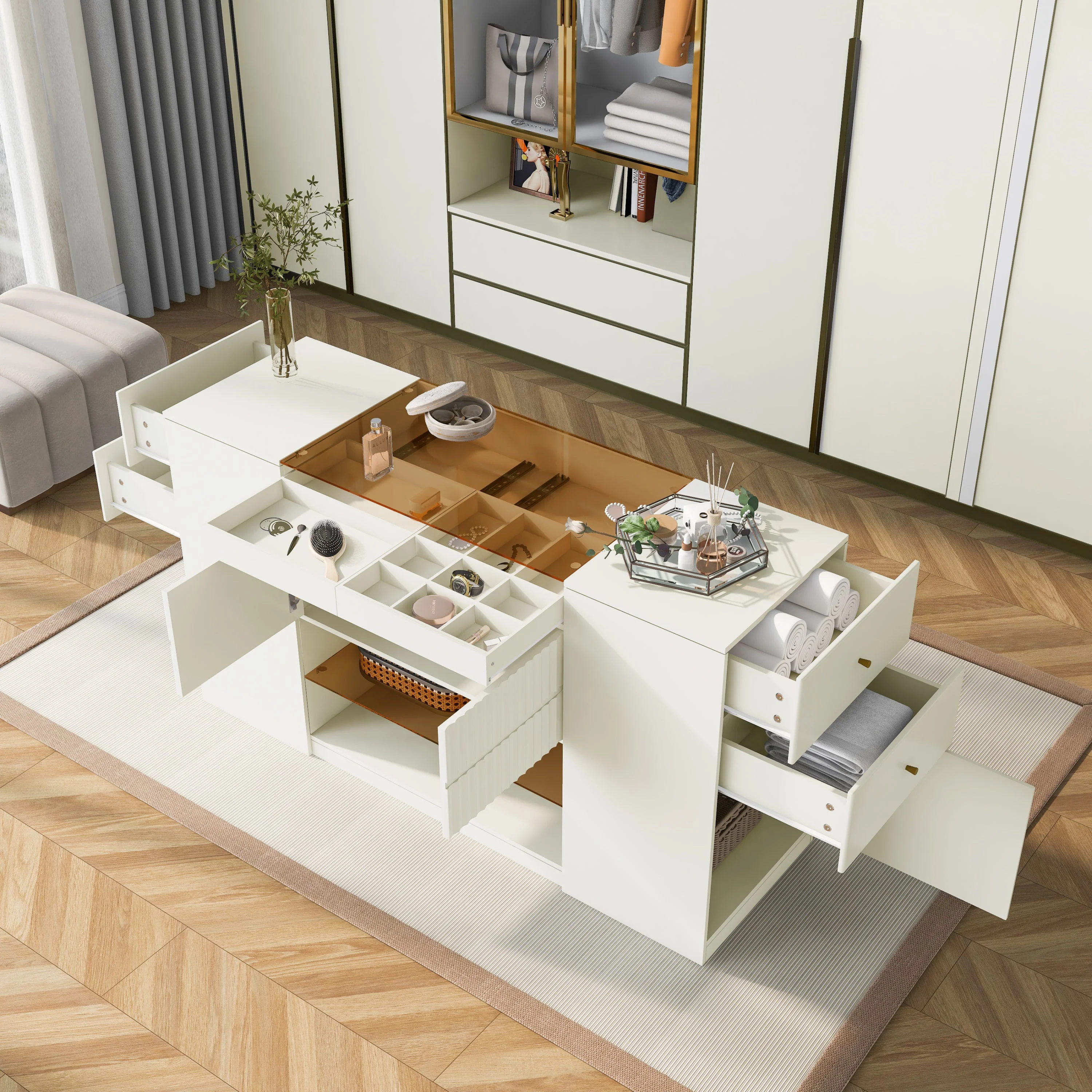 Walker Edison | Modern Multi-Functional Island Vanity Dresser and Storage Cabinet
