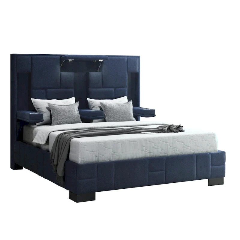 HomeRoots Navy Blue And Upholstered Lighted Queen Bed Frame with USB