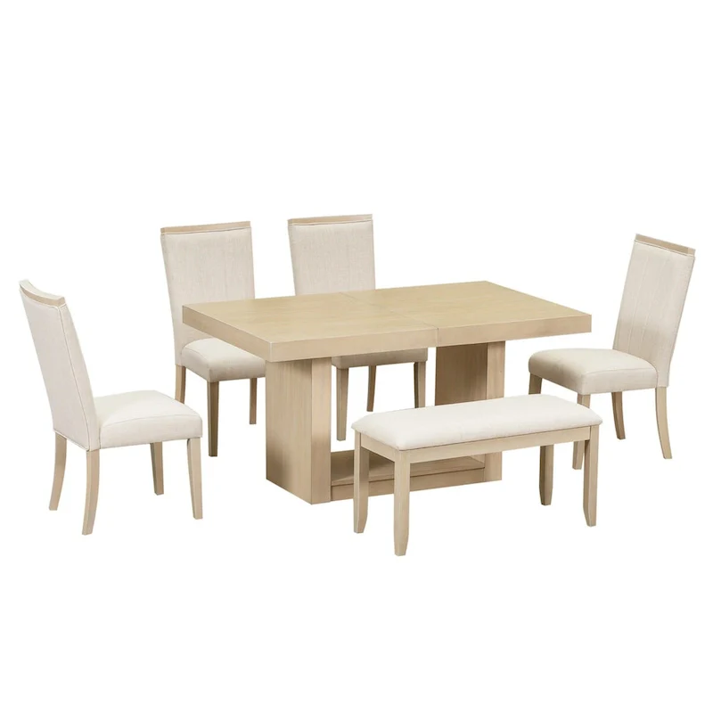 6-Piece 78inch Extendable Pedestal Dining Table Set with 18inch Removable Leaf and Dining Bench, 4 Upholstered Dining Chairs