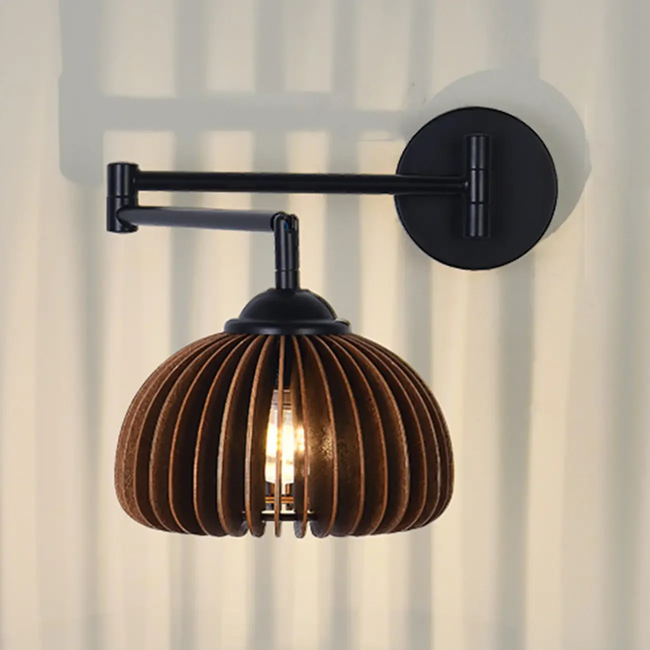 18 Small Bedside Swing Arm Wall Light with Wooden Shade
