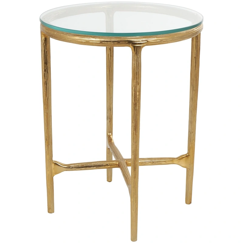Aluminum Metal Textured Side End Accent Table with Glass Tabletop - Gold or Silver- Roche River Decor