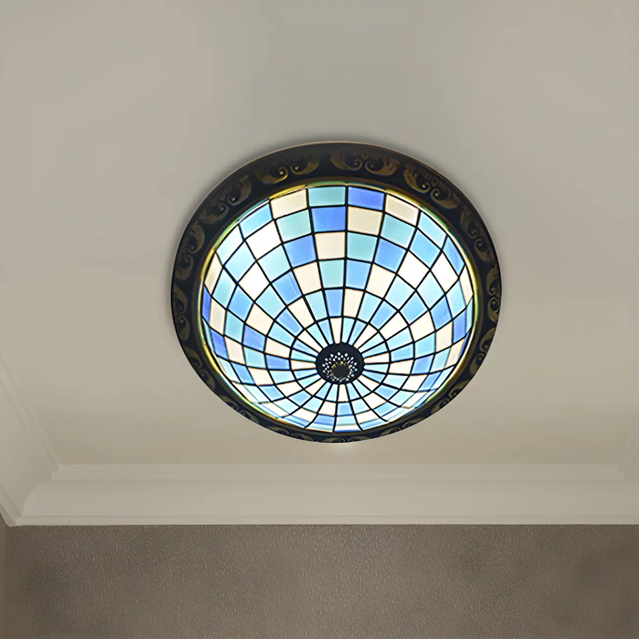 Vintage Stained Glass Dome Shade Flush Mount Ceiling Light