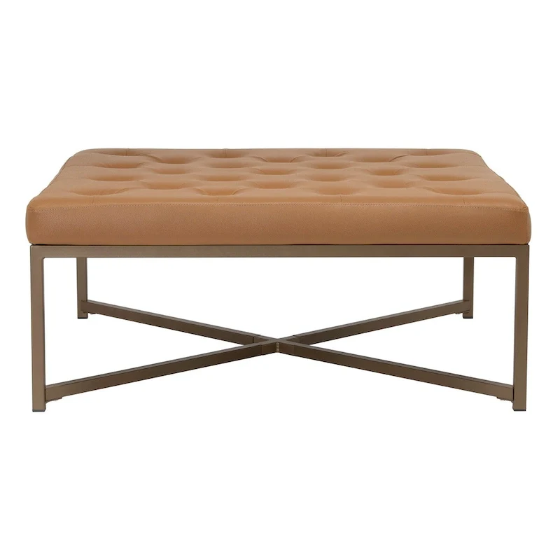 Metal and Tufted Leather Large Cocktail Ottoman
