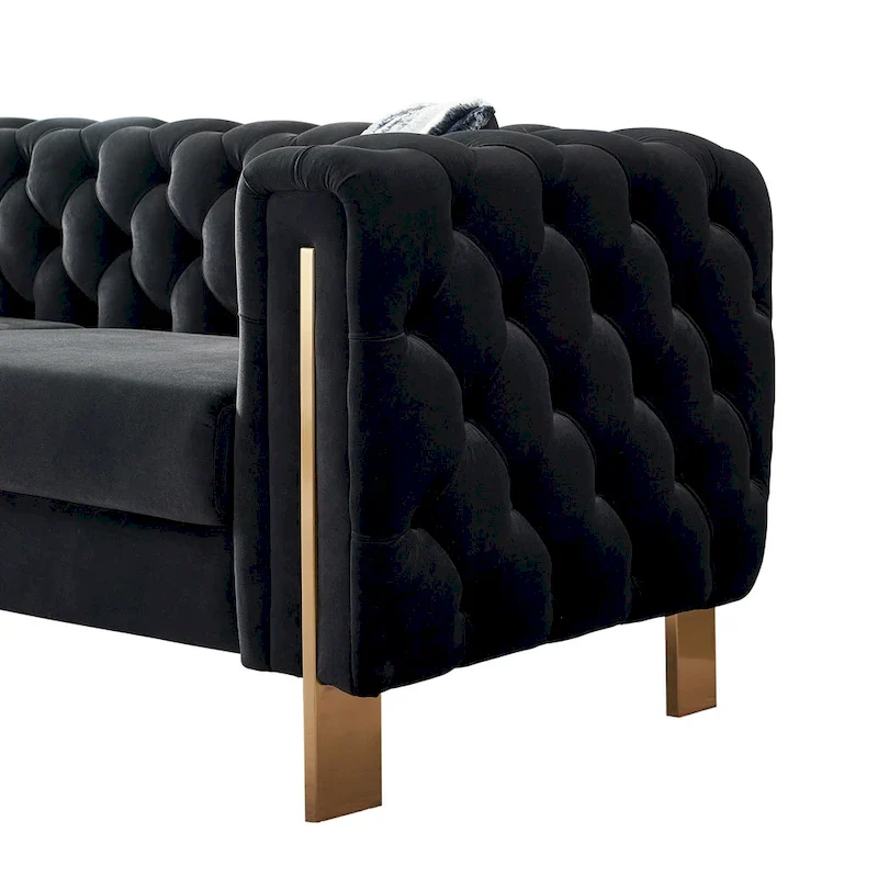 84.25 Luxurious Tufted Velvet Upholstered 3-Seater Sofa with Golden Metal Armrest Design and Buttoned Tufted Backrest