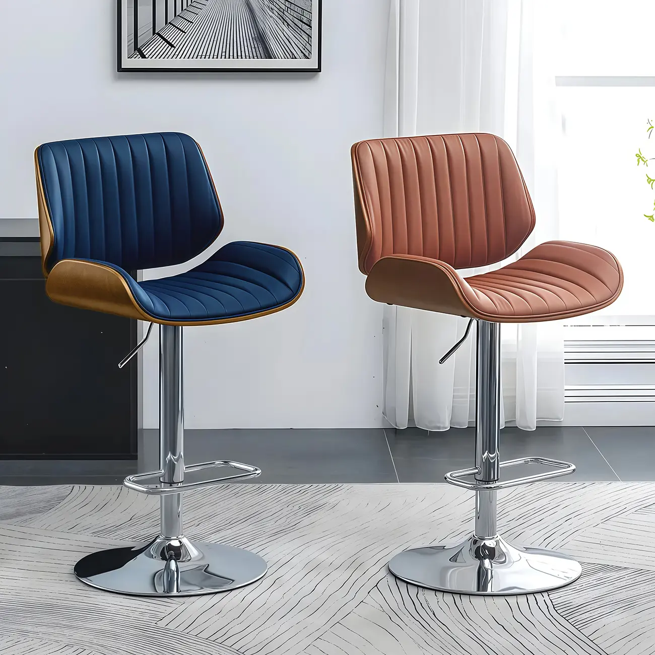 Elegant Wood Leather Red Swivel Adjustable Bar Stool