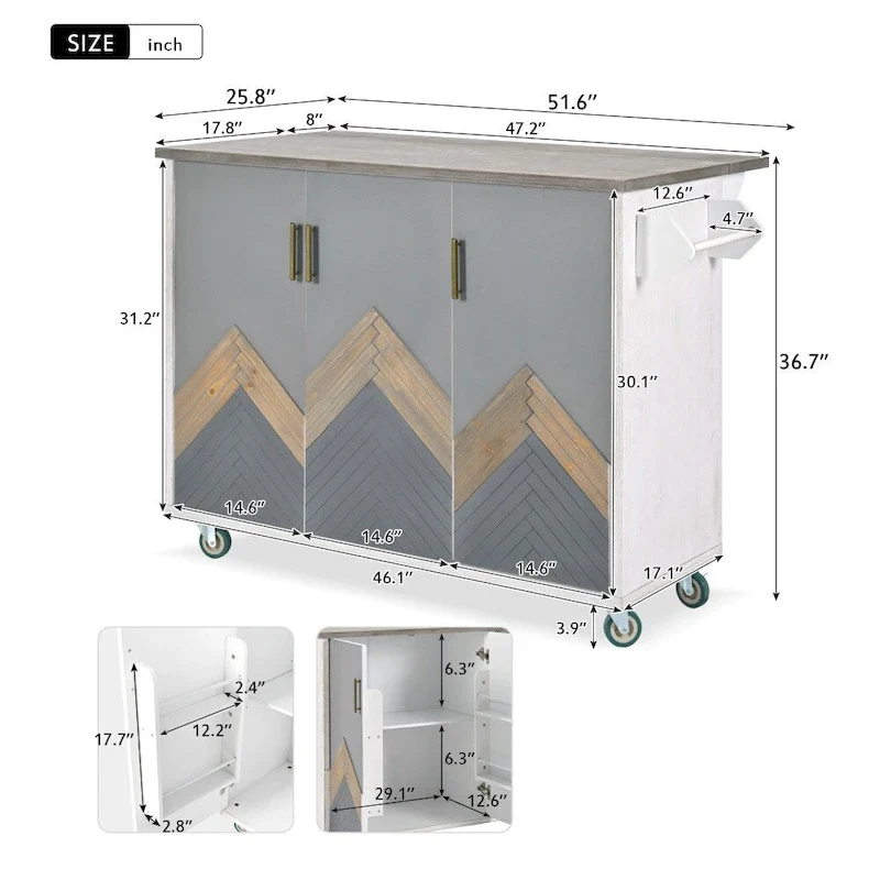 Retro MDF Kitchen Island on Wheels with Drop Leaf and Towel Rack